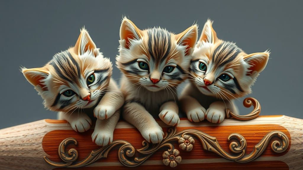 Whimsical Wooden Sculpture of Playful Kittens