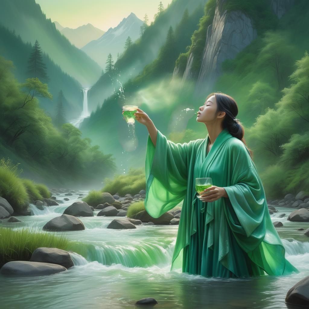 Ethereal Figures Drink from Starry Mountain Rivers