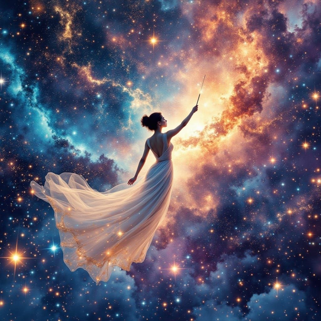 Ethereal Woman Conducts Cosmic Symphony in Watercolor Galaxy