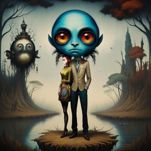 Pop Surrealism Painting of Two Figures with Big Eyes