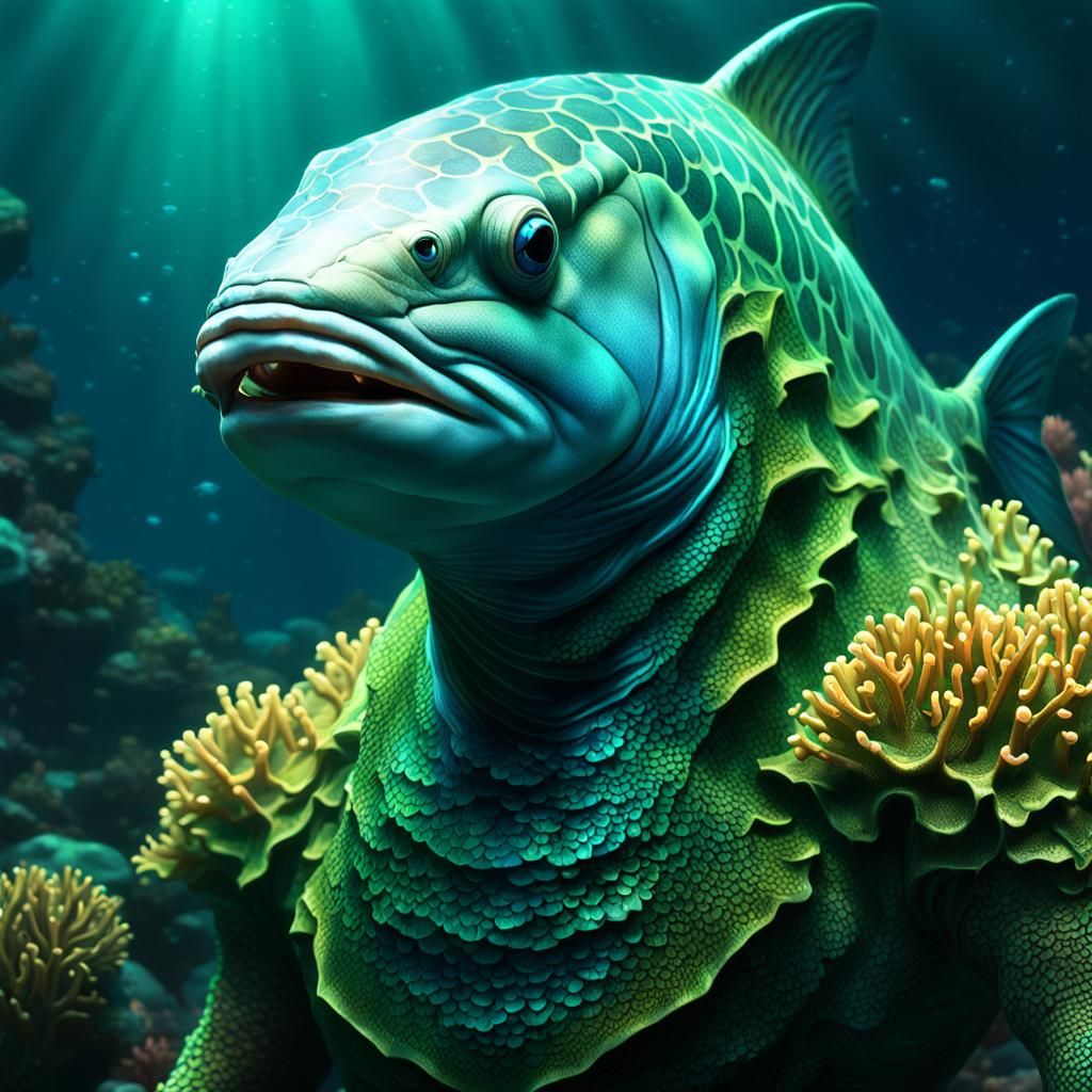 Human-Hammerfish Hybrid Portrait in Dark Fantasy Style