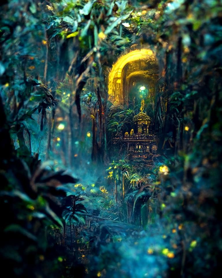 Lush Jungle Temple with Gold and Green Light