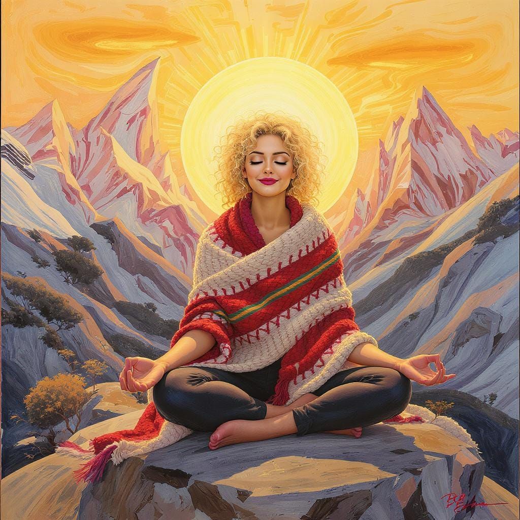 Meditative Woman in Himalayas: Cubist Watercolor Art