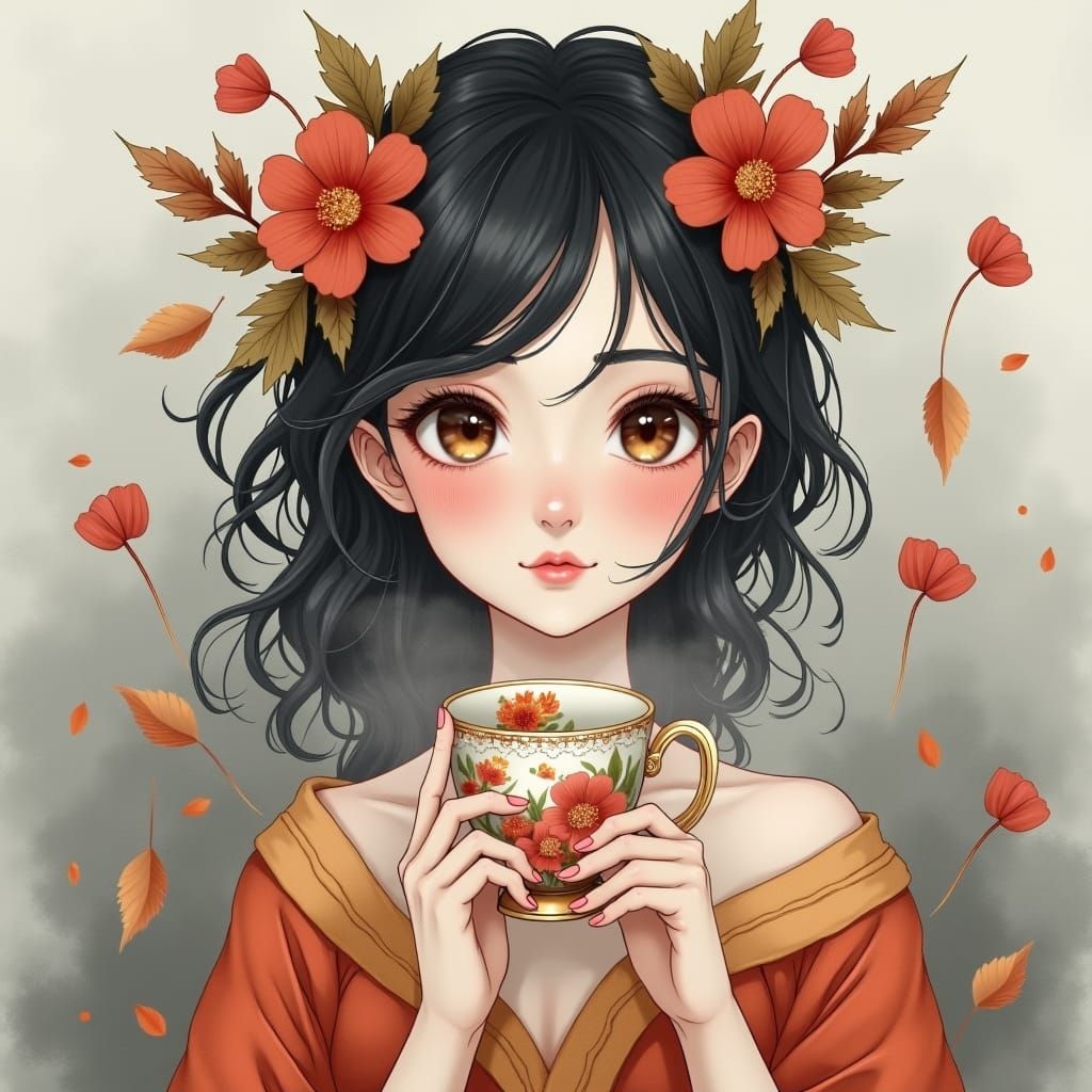 Dark-Haired Beauty at Tea Time in Autumn