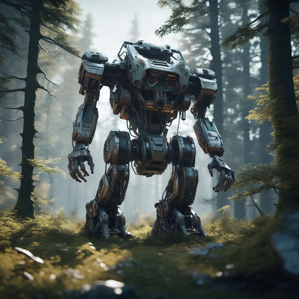 Humanoid Mech Relic in Overgrown Forest