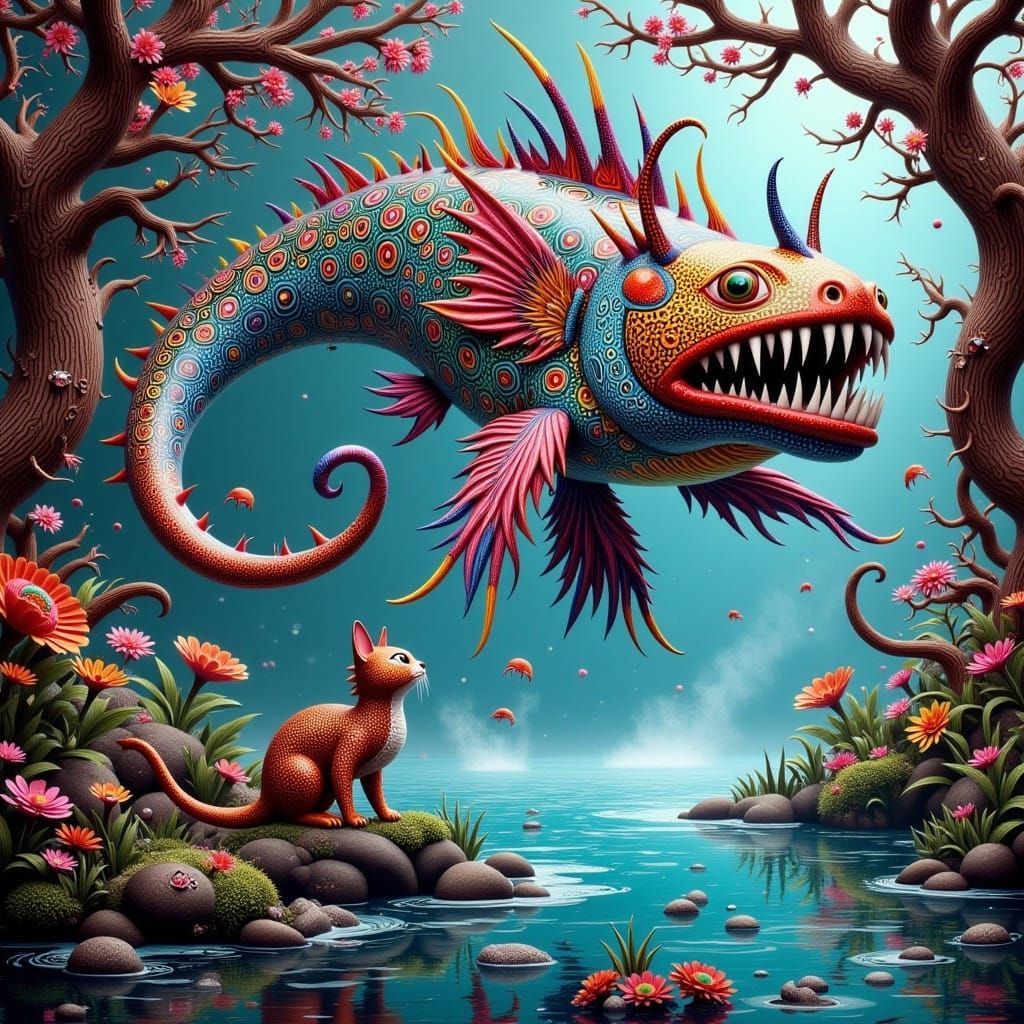 Dragon, Cat, and Fish in a Fantasy Landscape