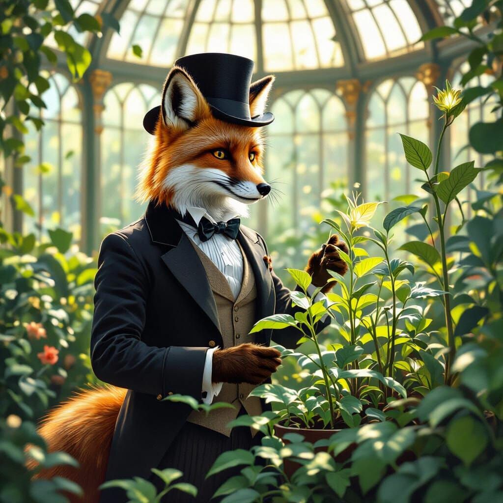 Victorian Fox Gardener in Bioluminescent Conservatory