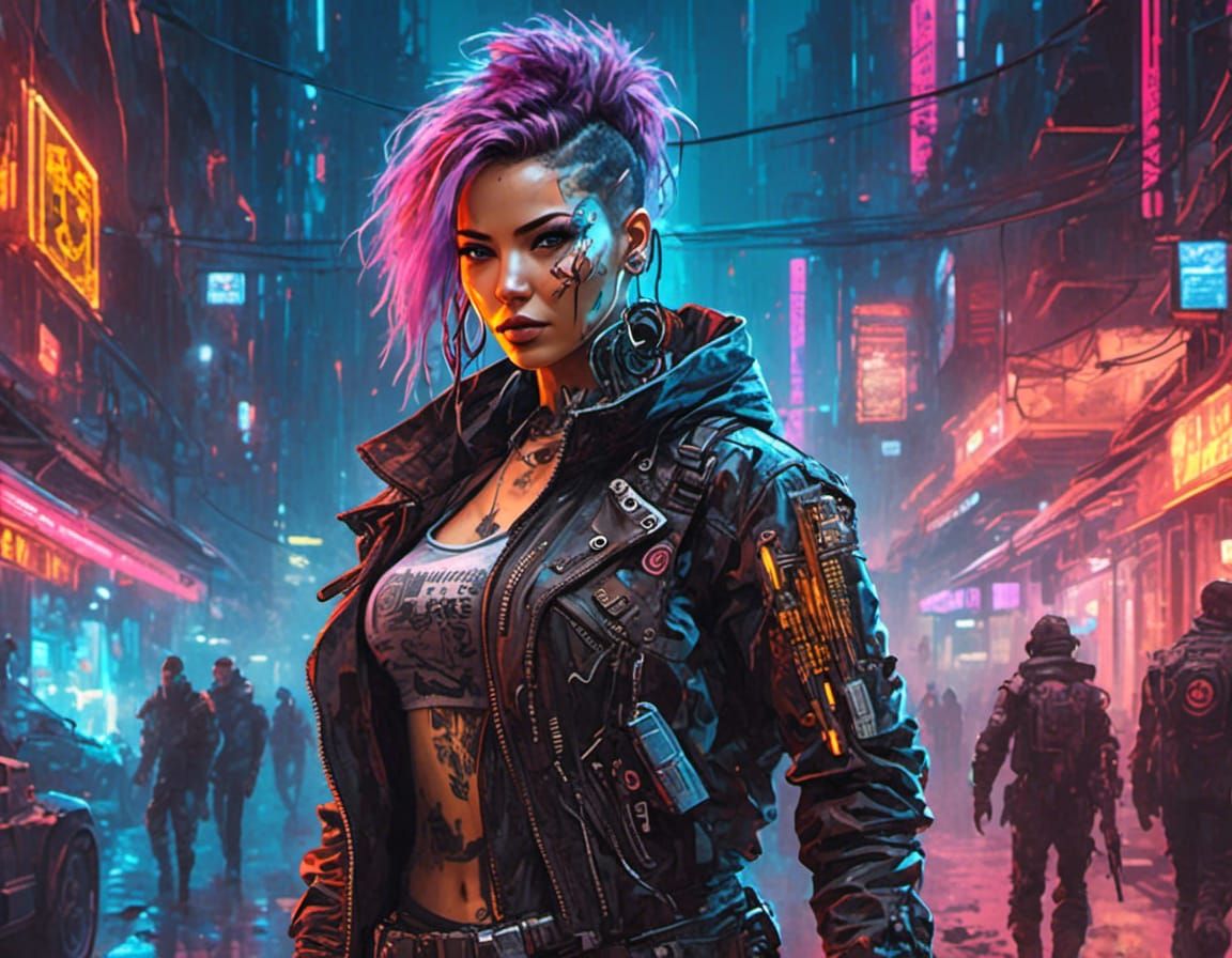 Cyberpunk Cyborg Bounty Hunter in Watercolor Style