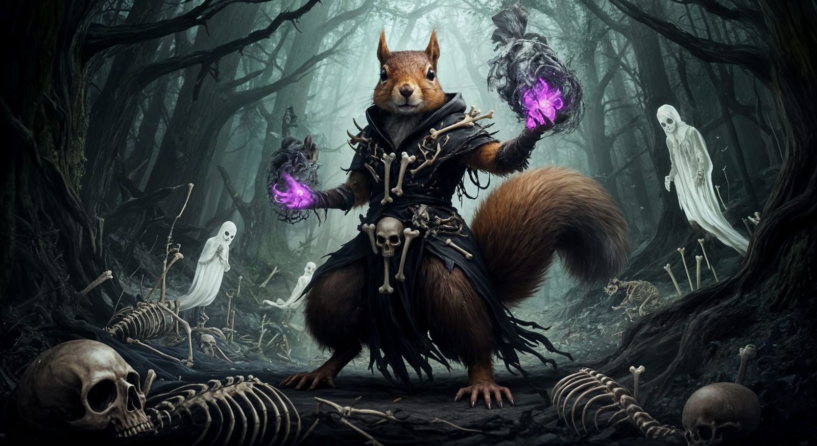 Squirrel Warlock Summons Skeletons in Dark Forest