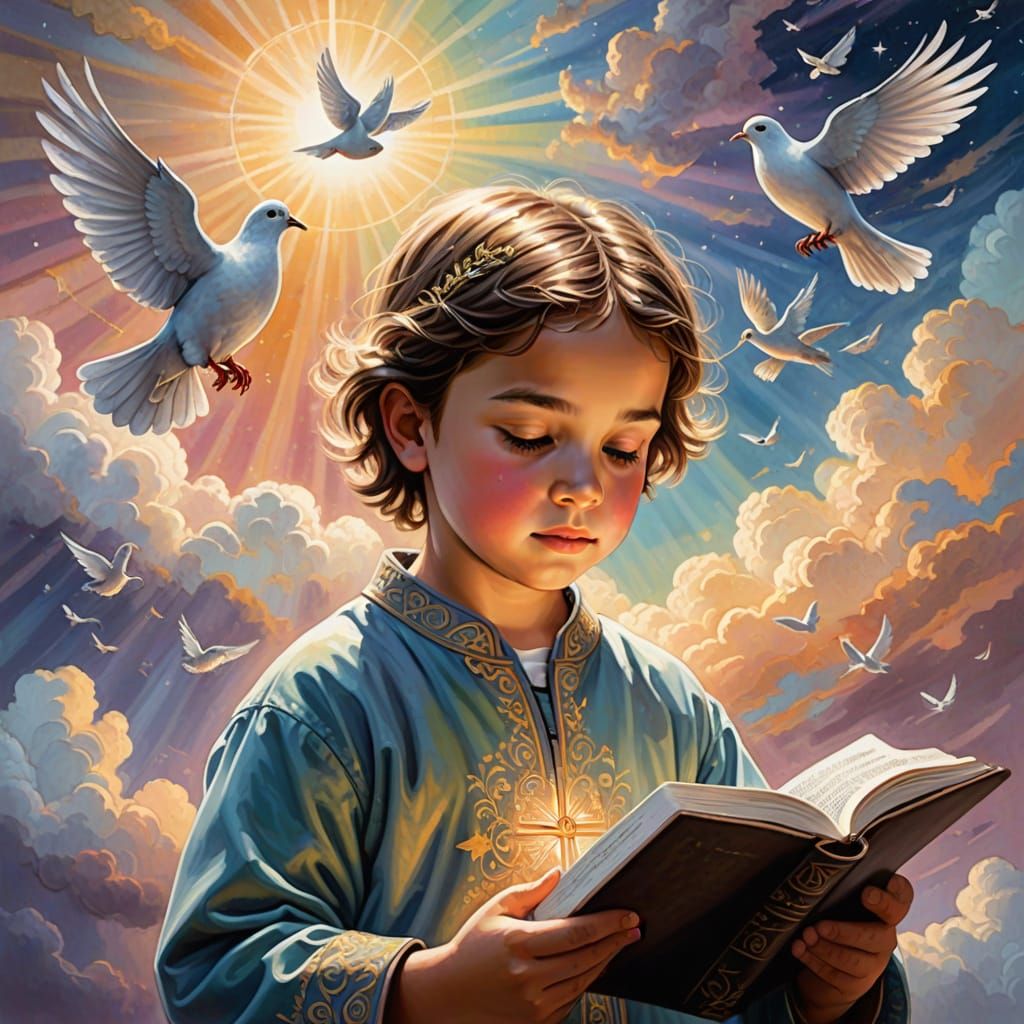 Child Reading Bible Under Heavenly Light, Digital Art