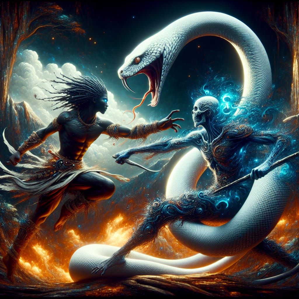 Epic Snake Versus Warrior in Dark Fantasy Style
