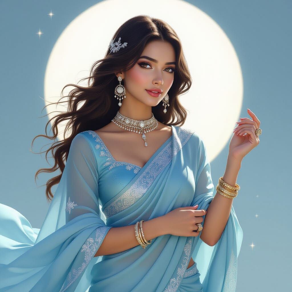 Ethereal Woman in Flowing Sari: Dreamy Art