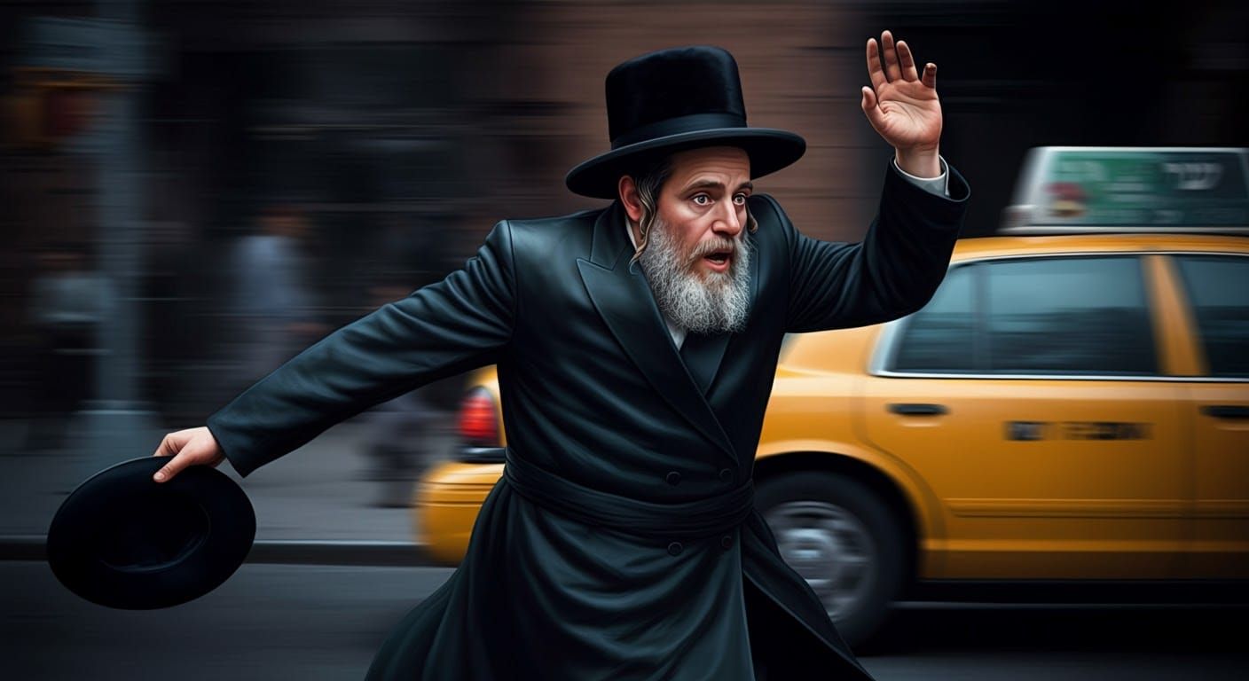 Hasidic Man in 80s Style, Running to Catch Taxi