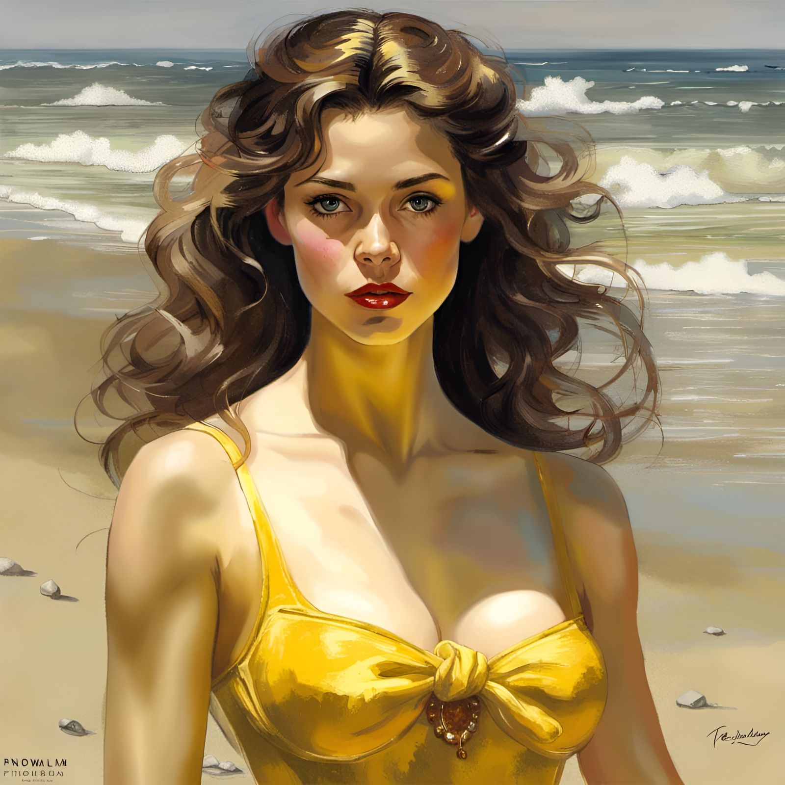 Princess Belle in Yellow Swimsuit: Hyperrealistic Beach Port...