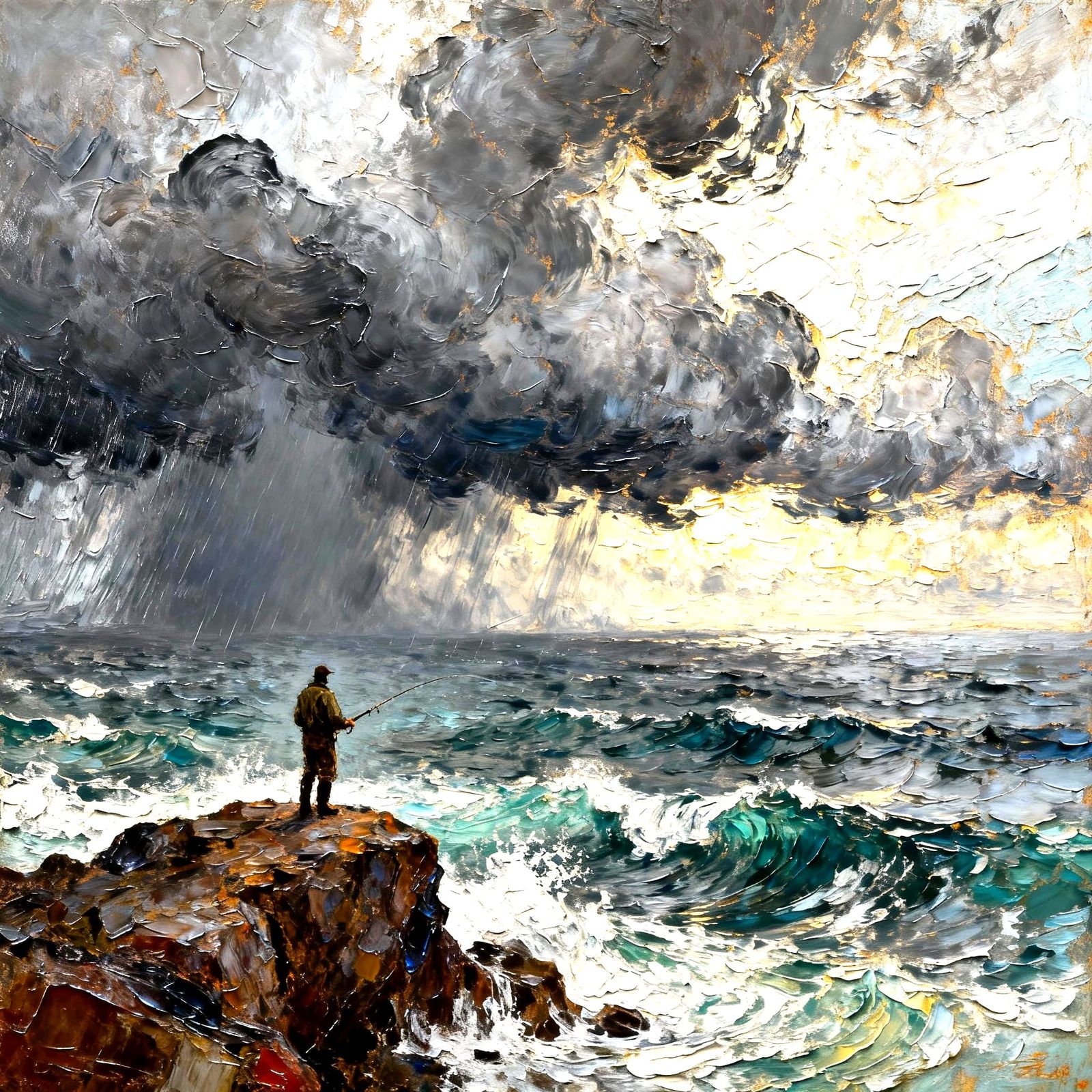 A lone fisherman stands on a rocky outcrop overlooking a tur...