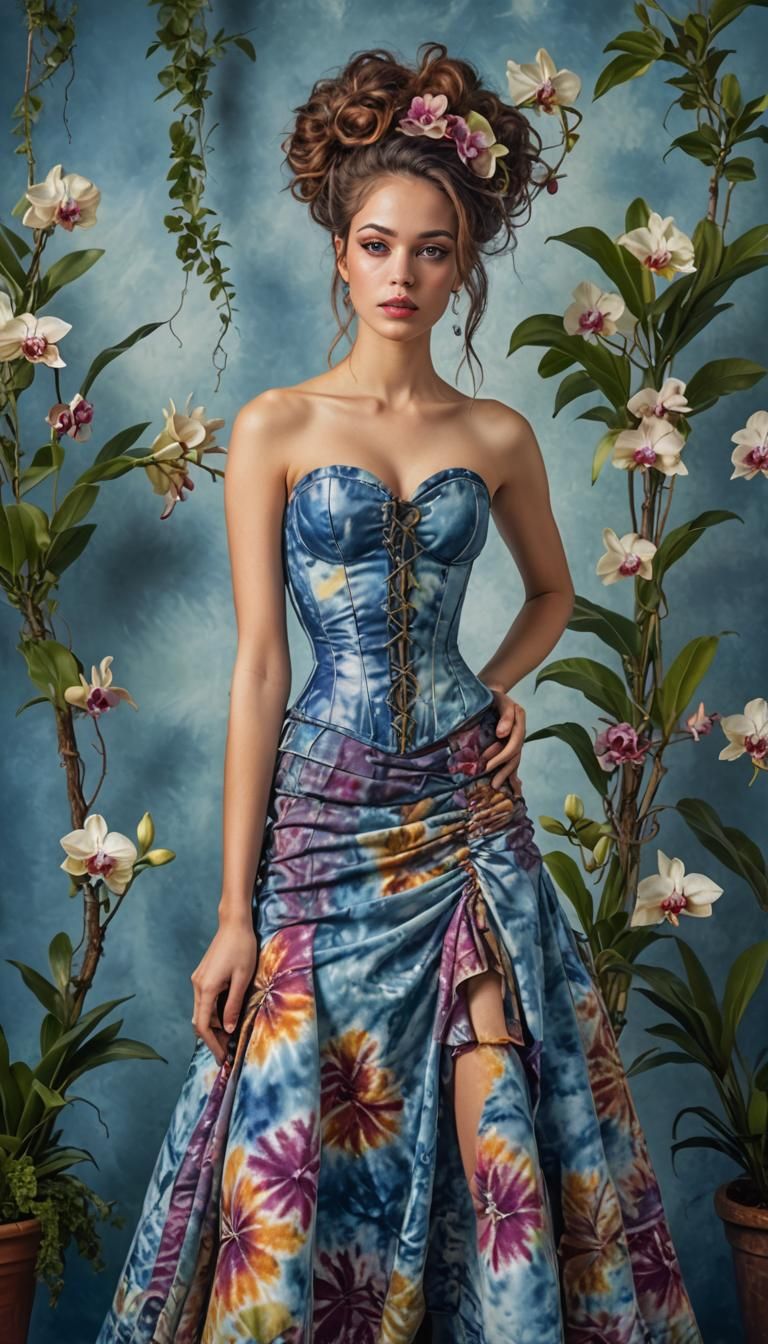 Beautiful Woman in Tie-Dye Corset and Skirt