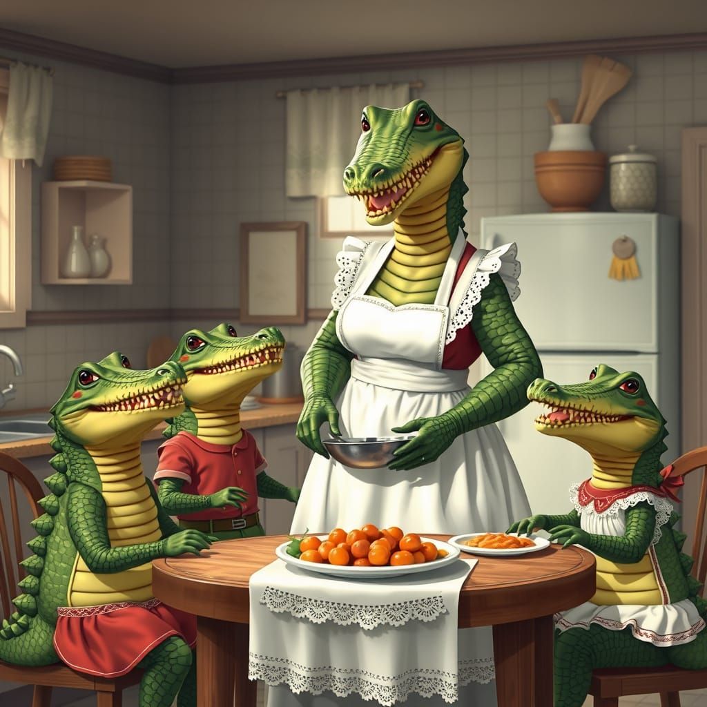 Tradwife Crocodile Mother with Children in 1950s Kitchen