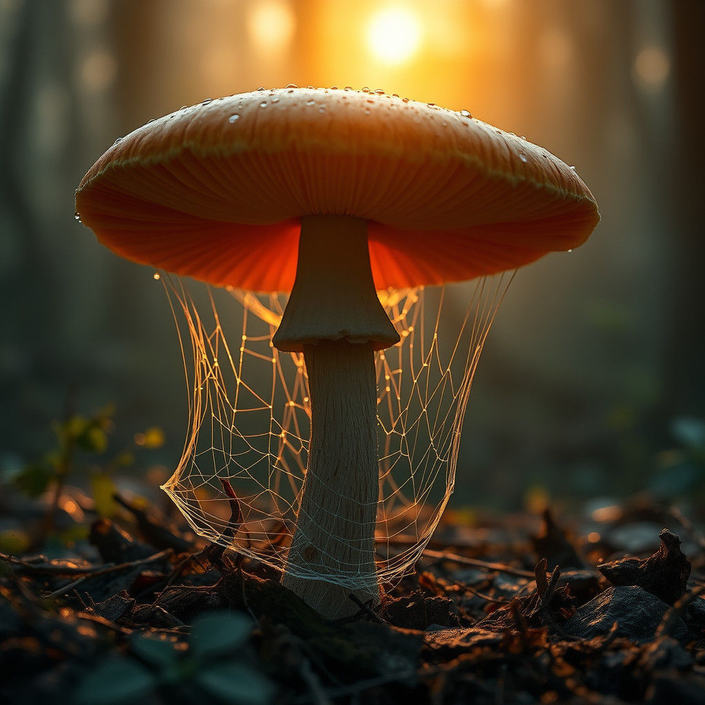 Hyperrealistic Mushroom in Spiderweb at Sunset