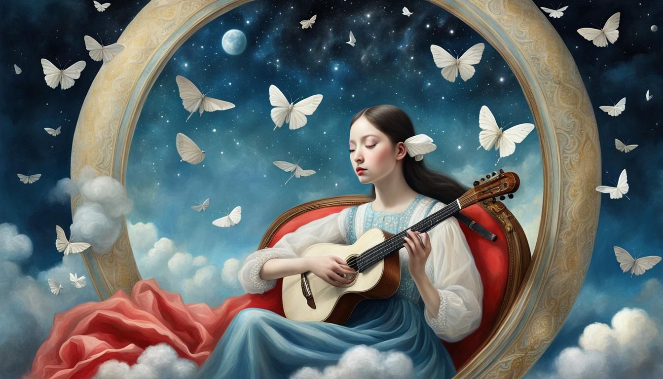 Surreal Pastel Dreamscape with Moths and Music