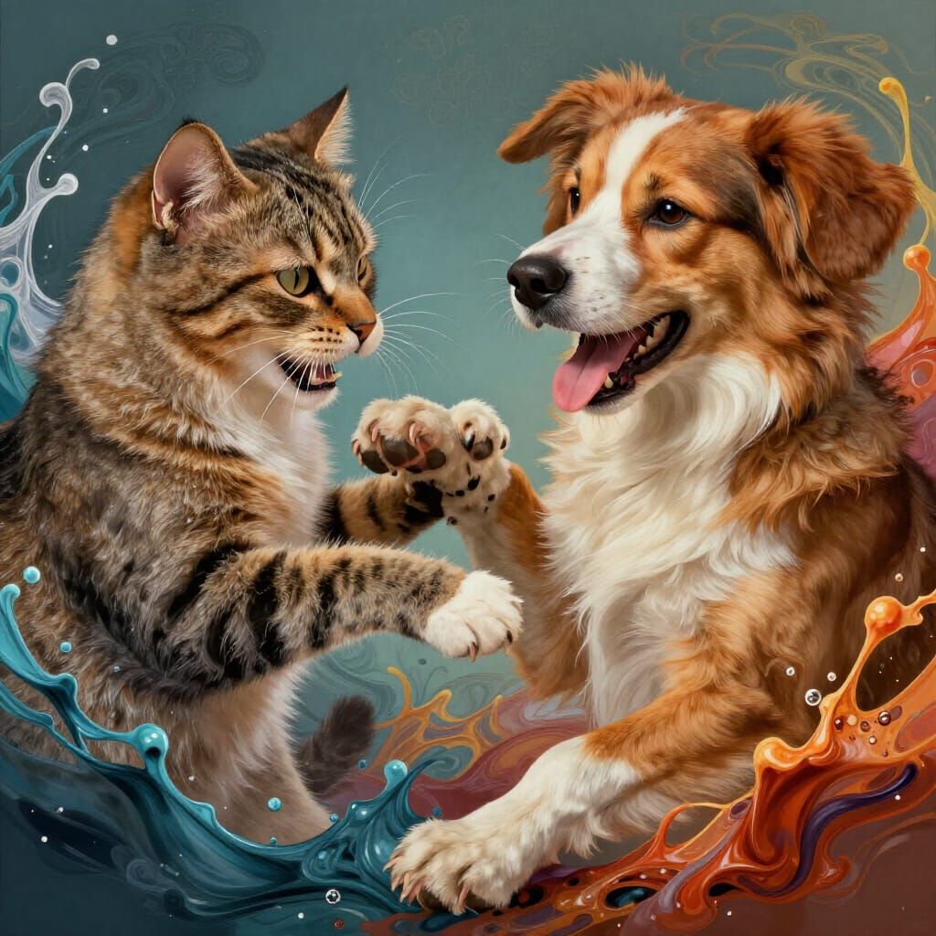 Anthropomorphic Cats and Dogs in Furious Battle