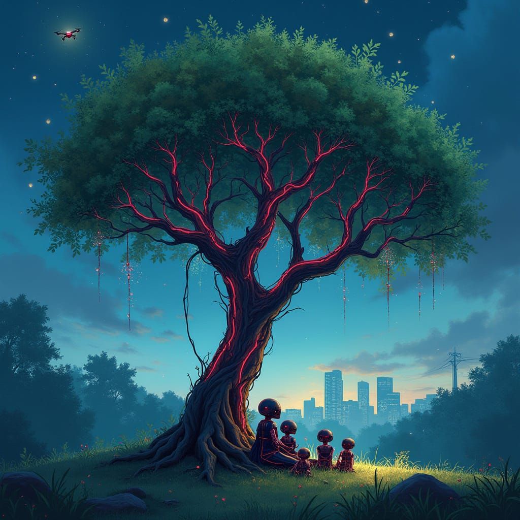 Cyberpunk Willow Tree with Neon Veins and Fiber Optic Roots