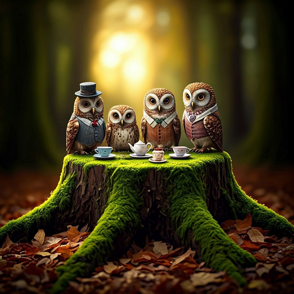 Victorian Owls Enjoying Tea in a Cozy Forest