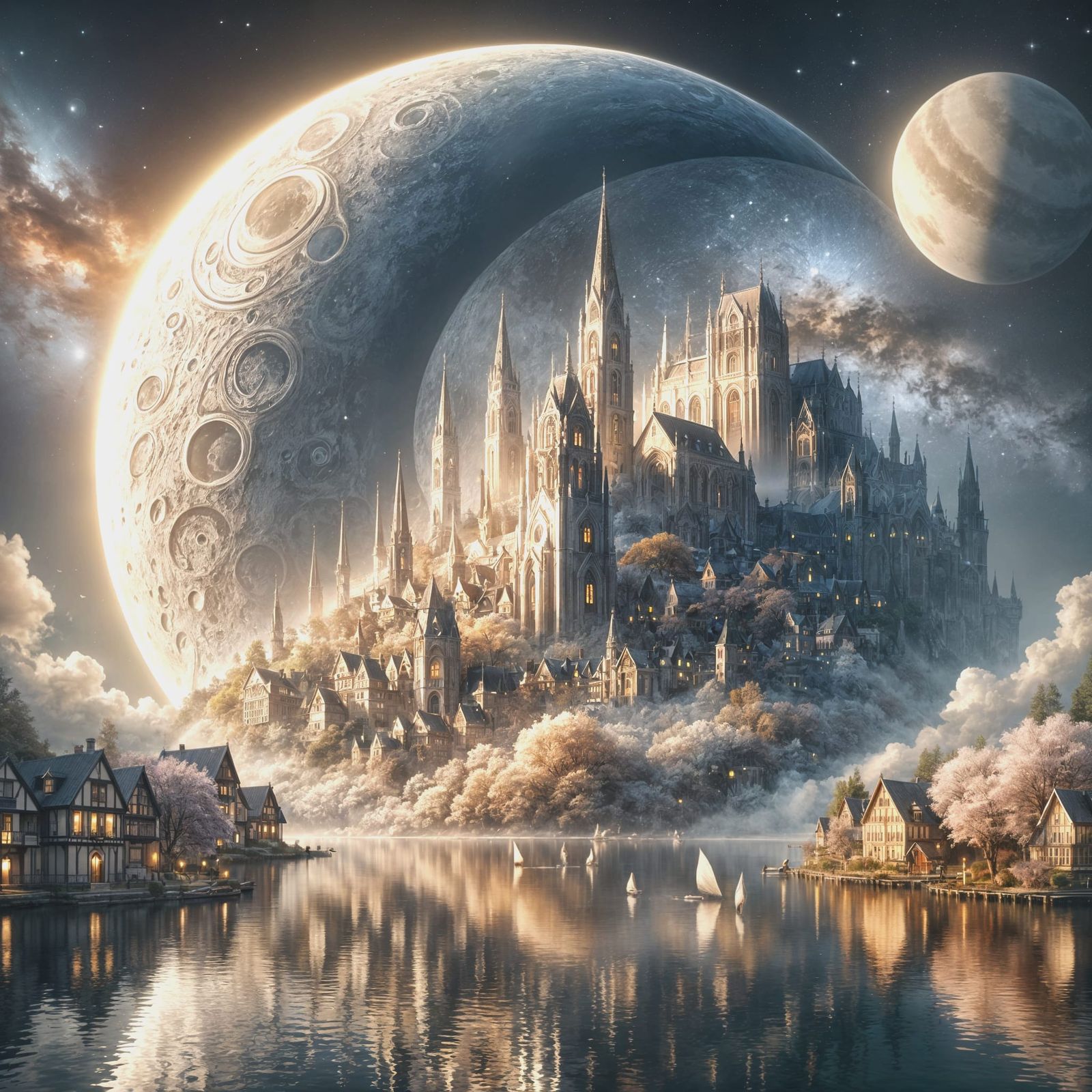 Celestial City on Crescent Moon with Cherry Blossoms