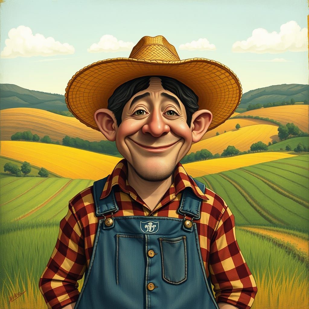 Whimsical Farmer in Sunny Countryside