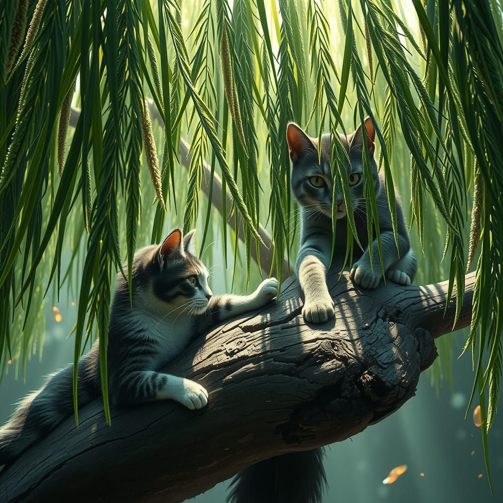 Cats and Hobbies Around Weeping Willow: Matte Painting