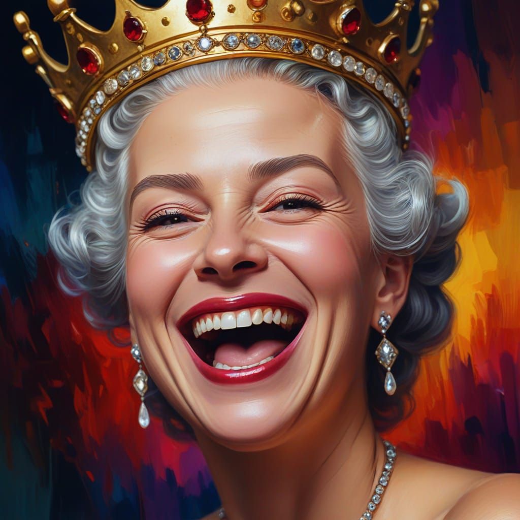 Joyful Queen Portrait in Vibrant Oil Painting