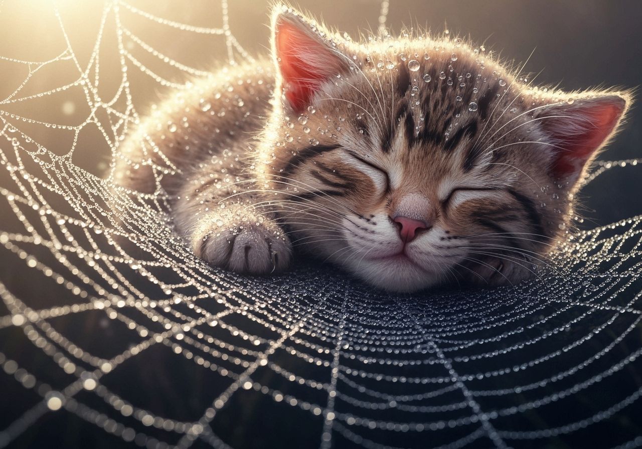 Kitten Sleeping on Dew-Covered Spiderweb in Soft Dawn Light
