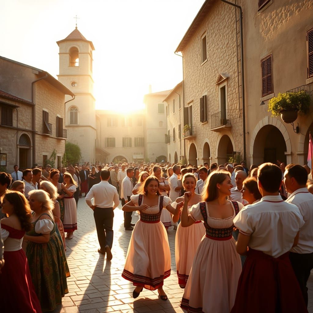 Italian Village Celebration in Golden Light
