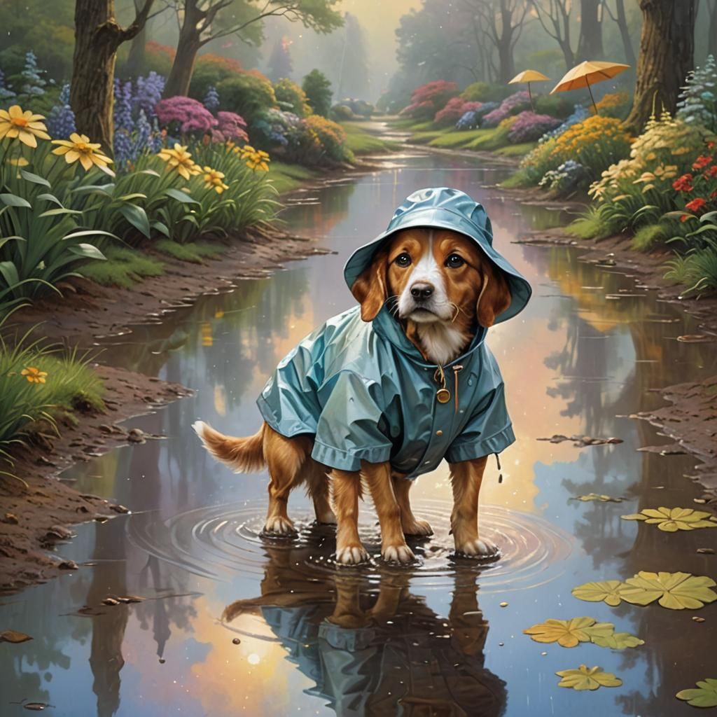 Dog in Raincoat Splashing, Fantasy Art