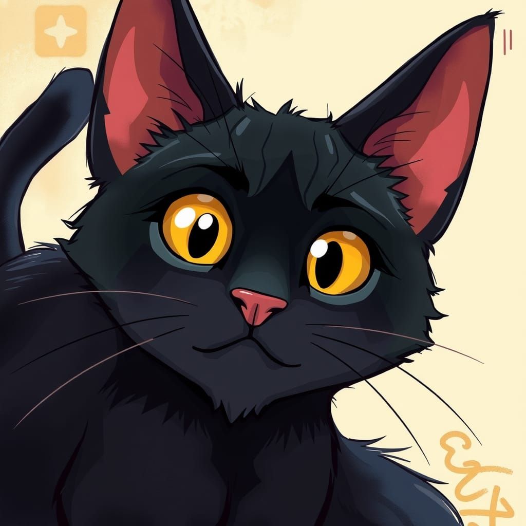 Curious Black Cat in Anime-Inspired Cartoon Style
