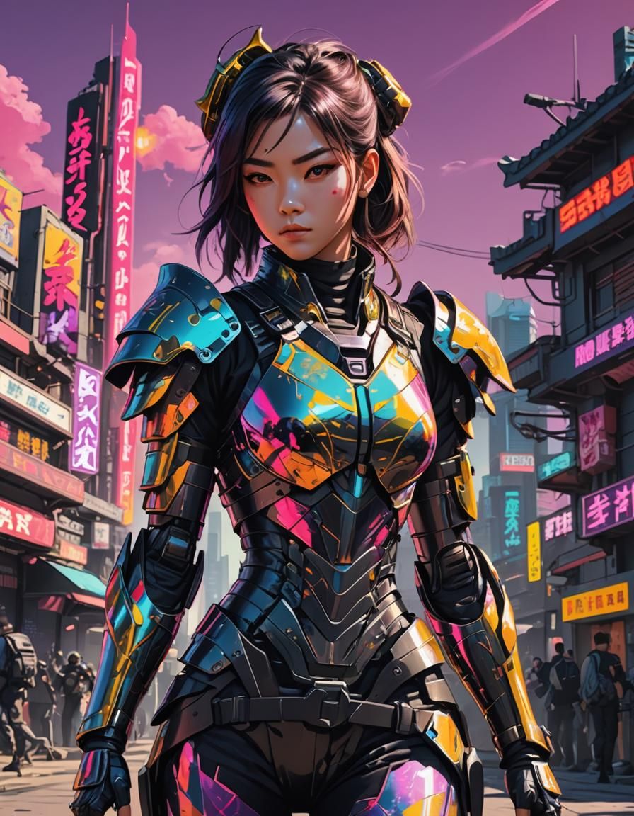 beautiful young girl in a futuristic female ninja armor