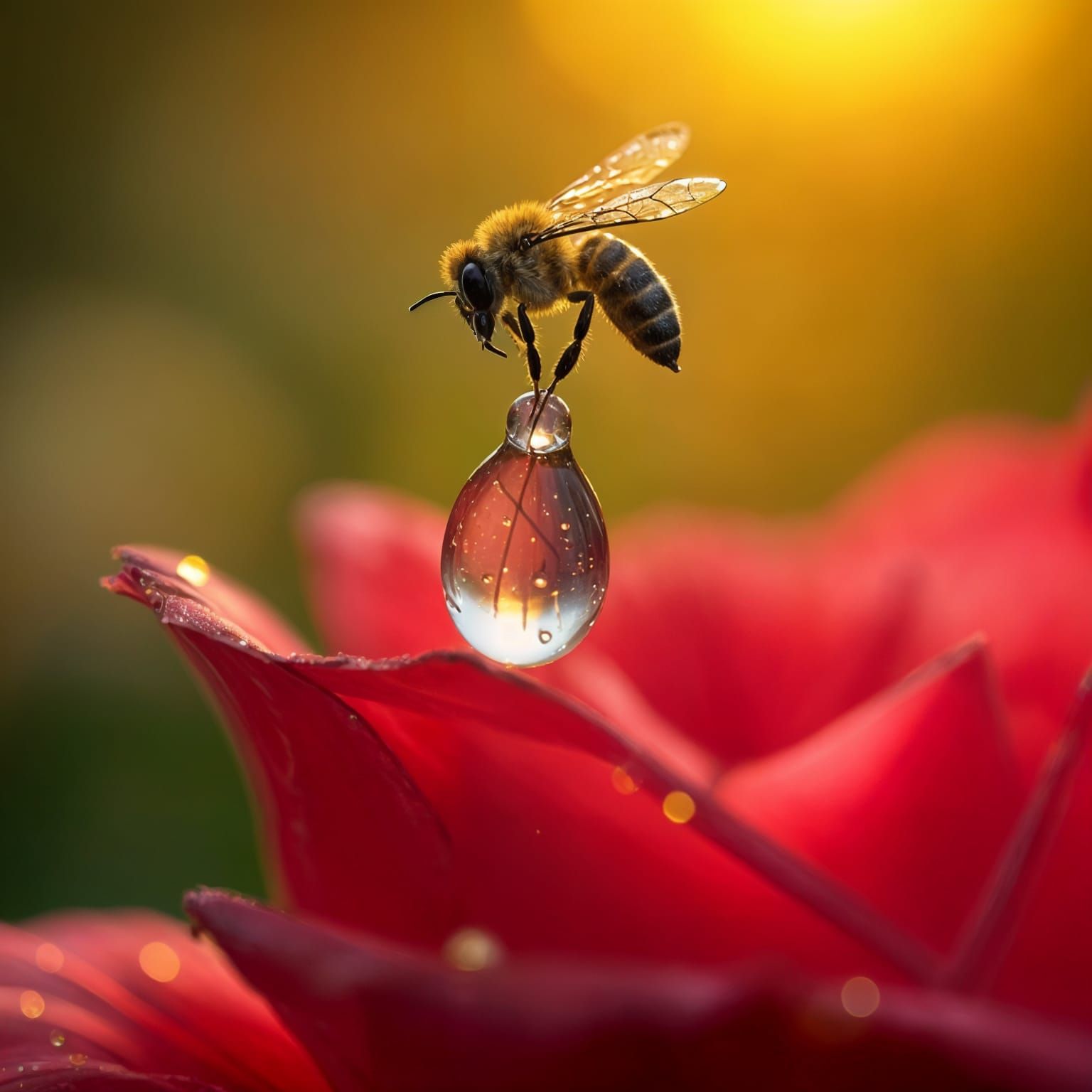 Macro Raindrop Reflecting Bee at Sunrise