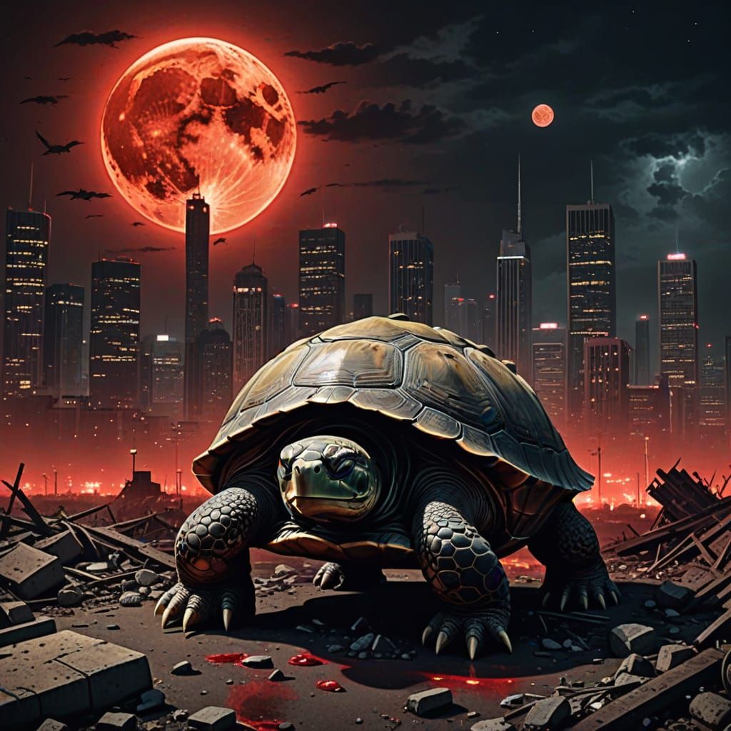 Giant Turtle in Apocalyptic City Under Blood Moon