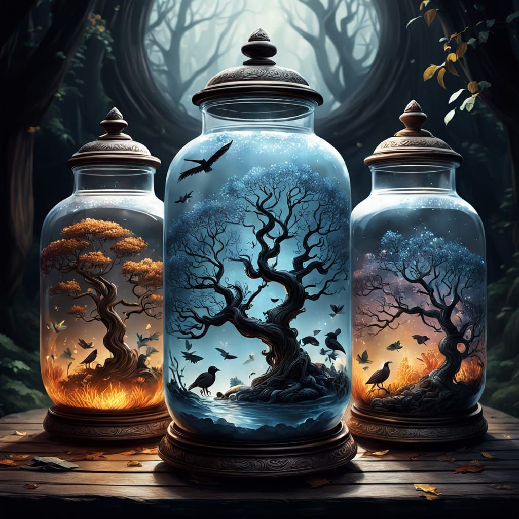 Magical Scenes in Hyperrealistic Laced Jars, Spring, Autumn,...