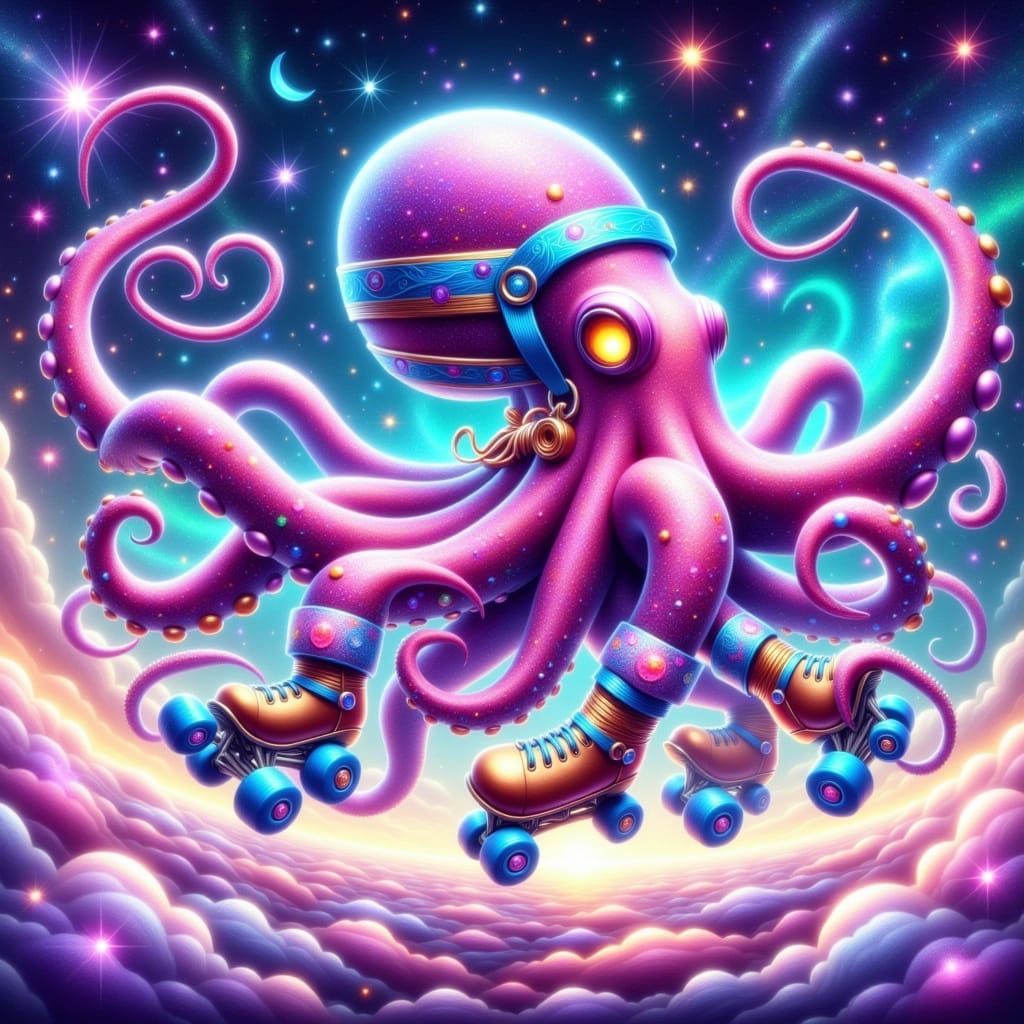 Whimsical Roller Skating Octopus in Cosmic Dreamscape