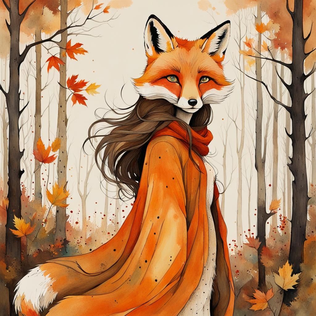 Whimsical Fox in Autumn Woodland: Watercolor Painting