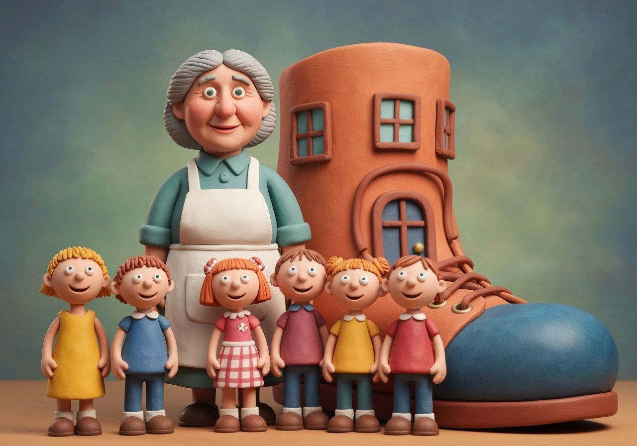 Claymation Scene: Old Woman and Children by Giant Shoe