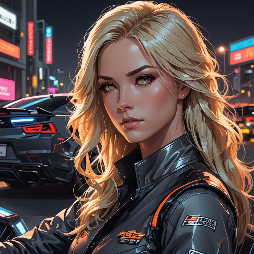 Race Car Driver with Neon Lights and Camaro SS