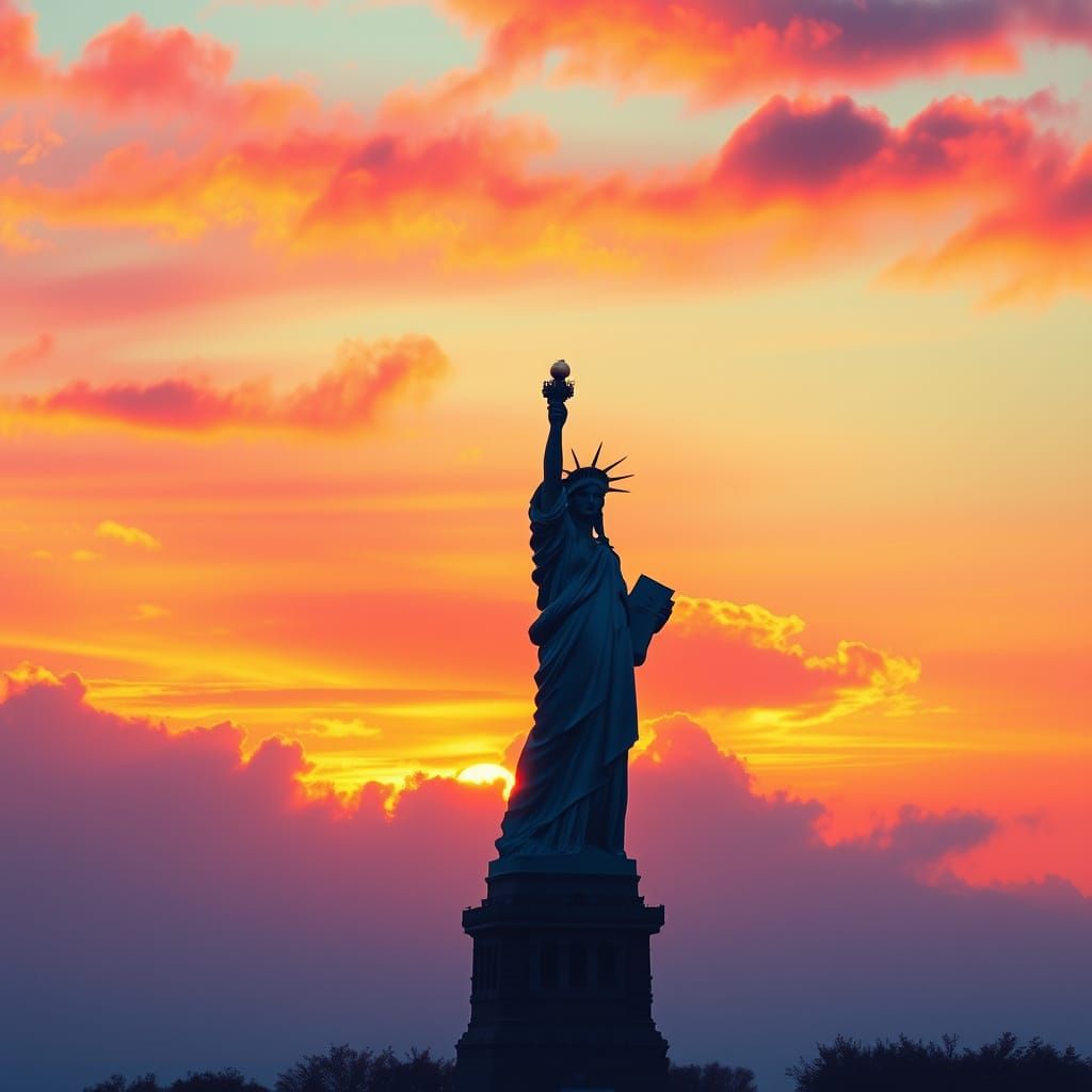 Statue of Liberty Sunset in Bierstadt, Monet, Kinkade Style