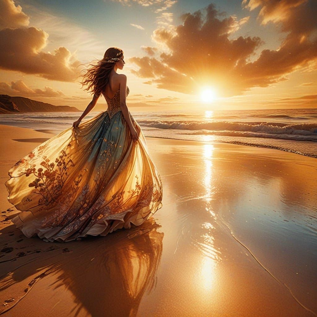 Fantasy Woman on Golden Beach at Sunset
