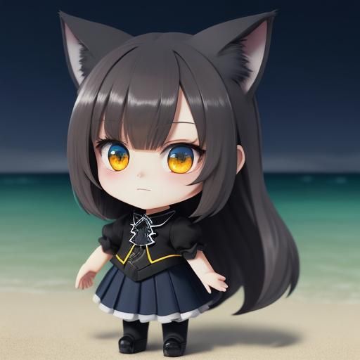 Chibi Catgirl on Beach at Night, Anime Style