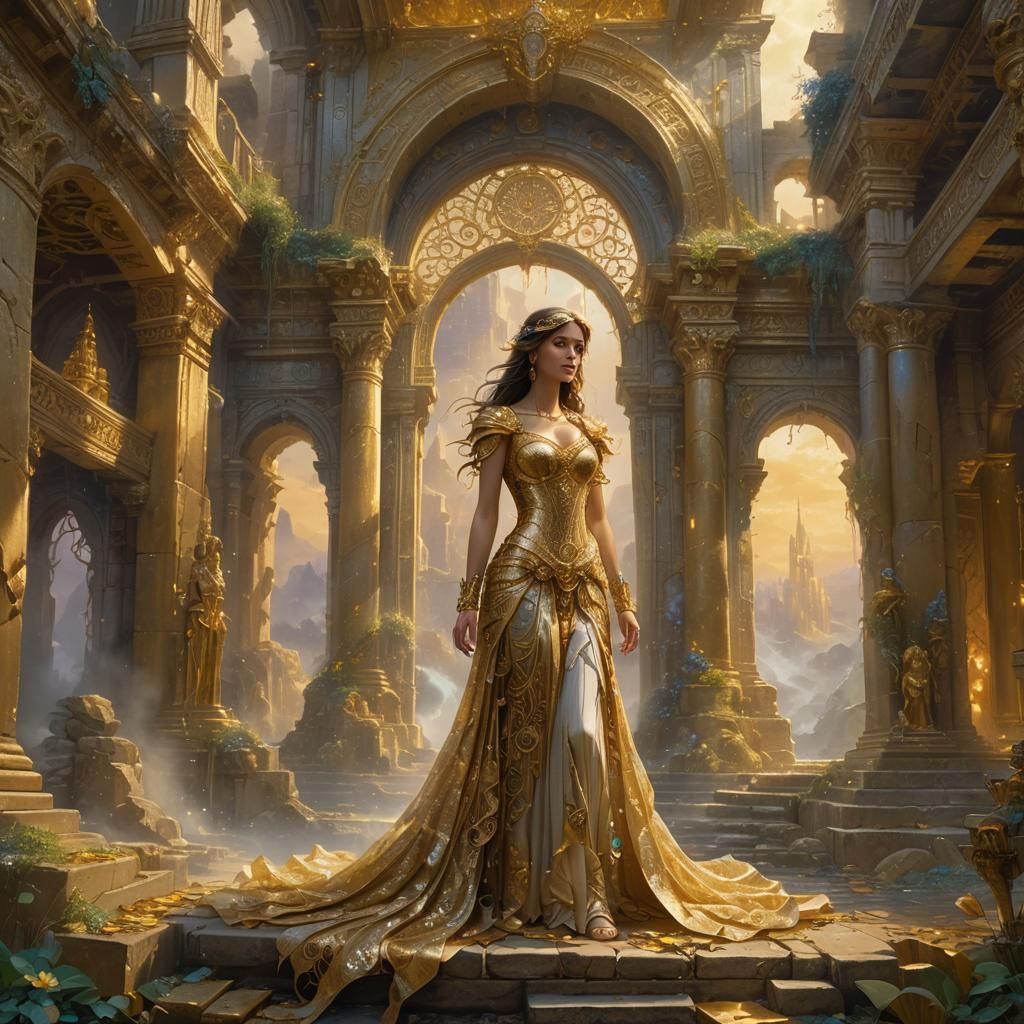 Ethereal Figure in Golden Ruins: Fantasy Art