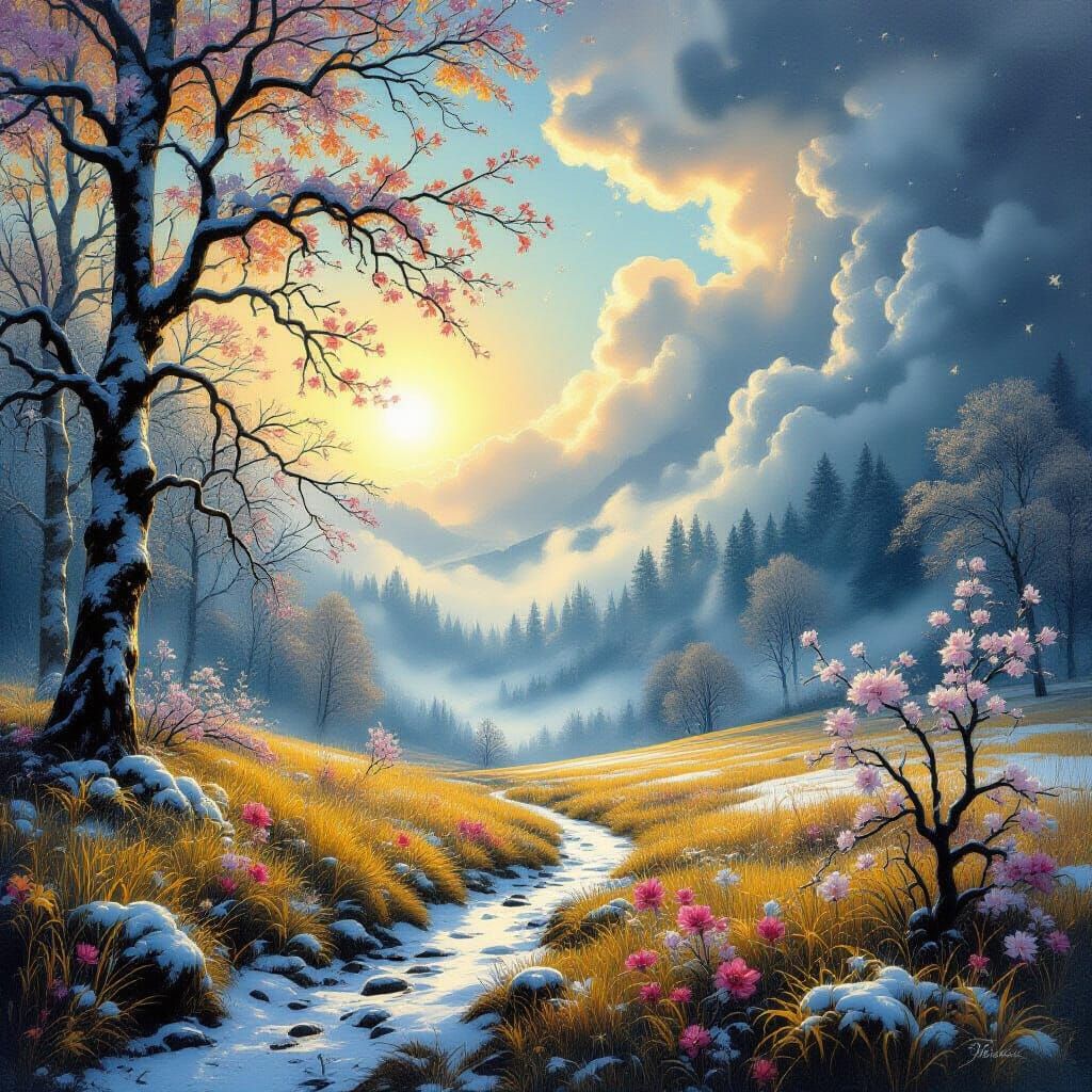 Surreal Collision of Seasons in a Fantastical Dreamscape