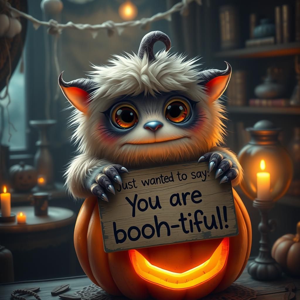 Cute Monster on Pumpkin in Whimsical Style