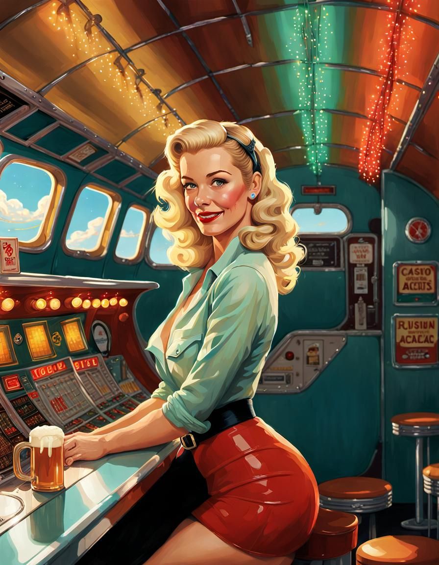 Retro Airplane Casino Scene with Blonde Woman