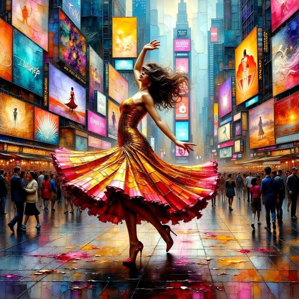 Latin Dance in Herald Square, Impasto Painting
